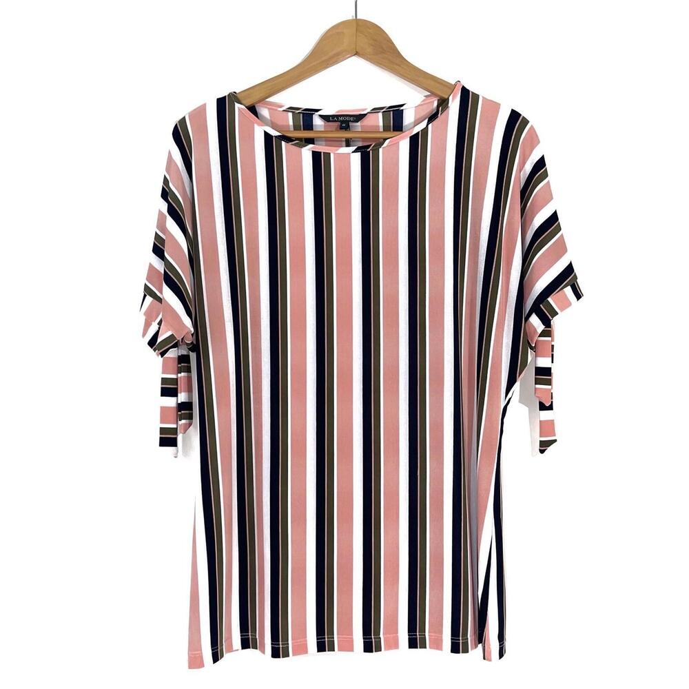La Mode Women’s Size Large Pink Multi Color Stripe Print Short Sleeve Blouse
